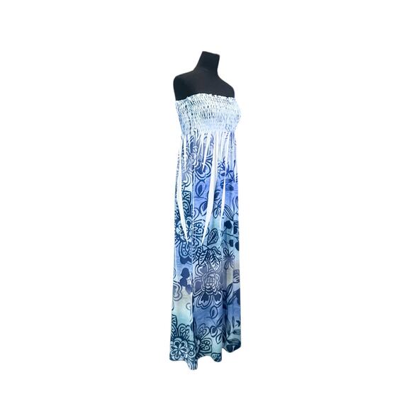 Yahada Blue Floral Smocked Strapless Maxi Dress - Medium - Picture 3 of 9